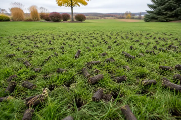 Commercial or residential Lawn Aeration with natural soil plugs across healthy turf