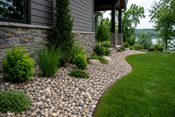 Decorative landscape rock installation beside a home foundation