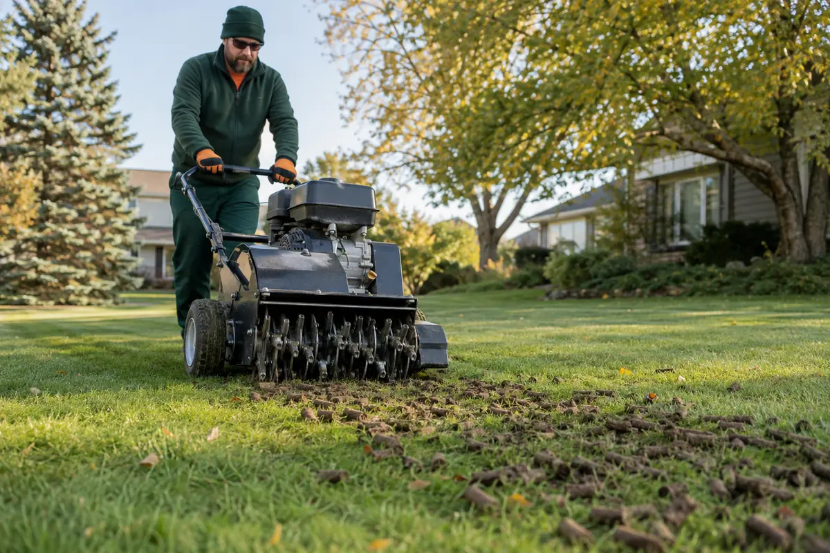 Eagle Lake Lawn Care core aeration service on compacted turf in early fall