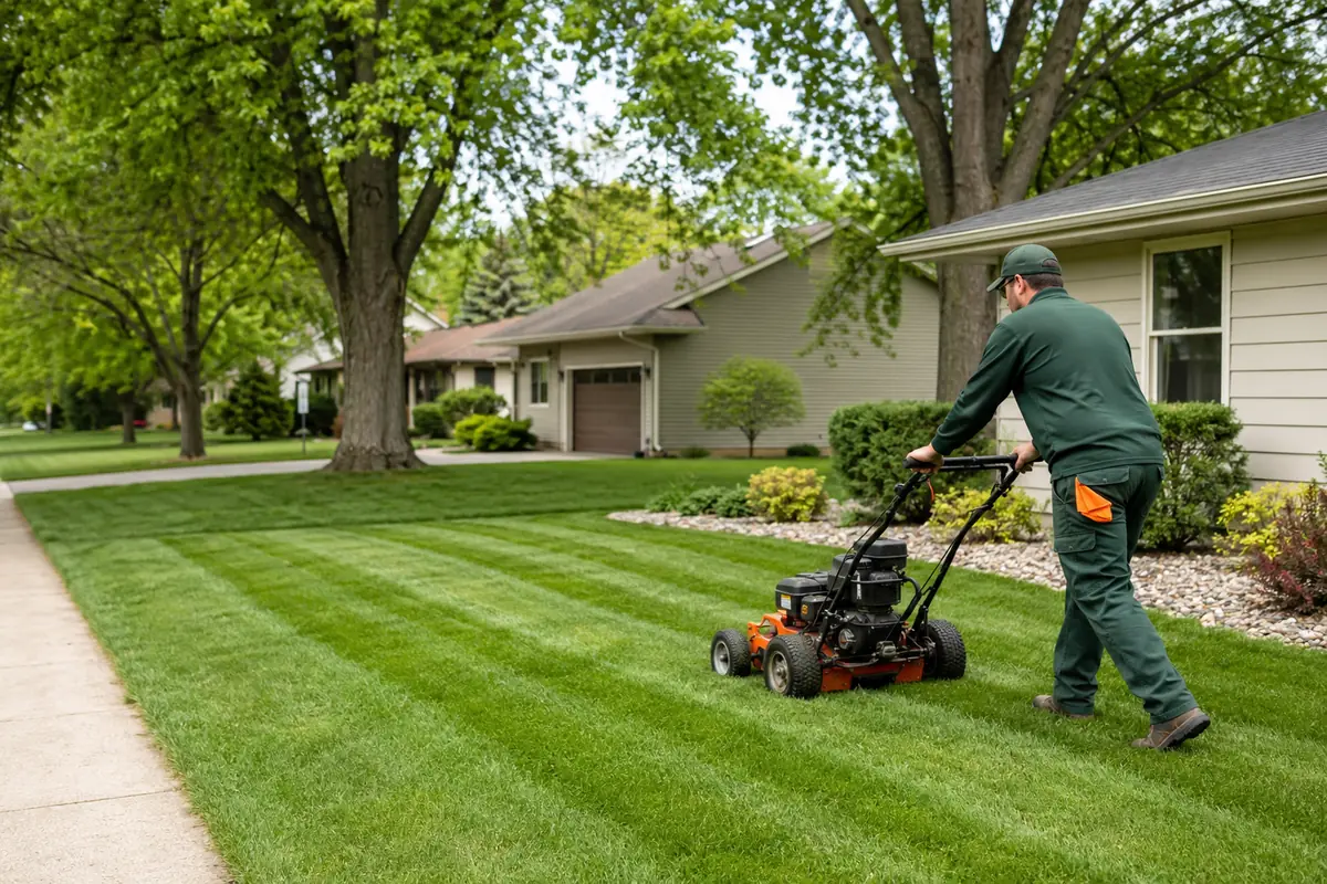 Eagle Lake Lawn Care professional mowing a striped residential lawn
