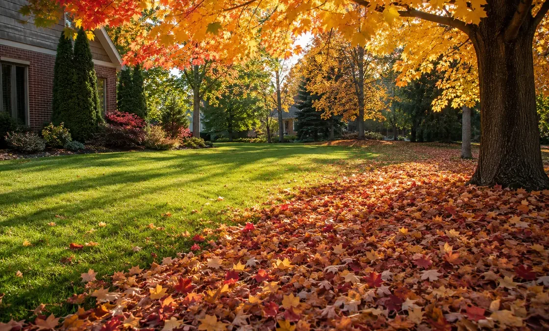 Fallen autumn leaves along the edge of a green residential lawn