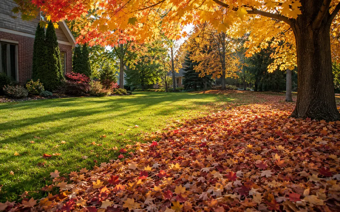 Fall Clean-Up in progress on a leaf-covered Mankato lawn