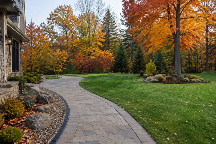 Clear walkway and open lawn edge after autumn leaf cleanup
