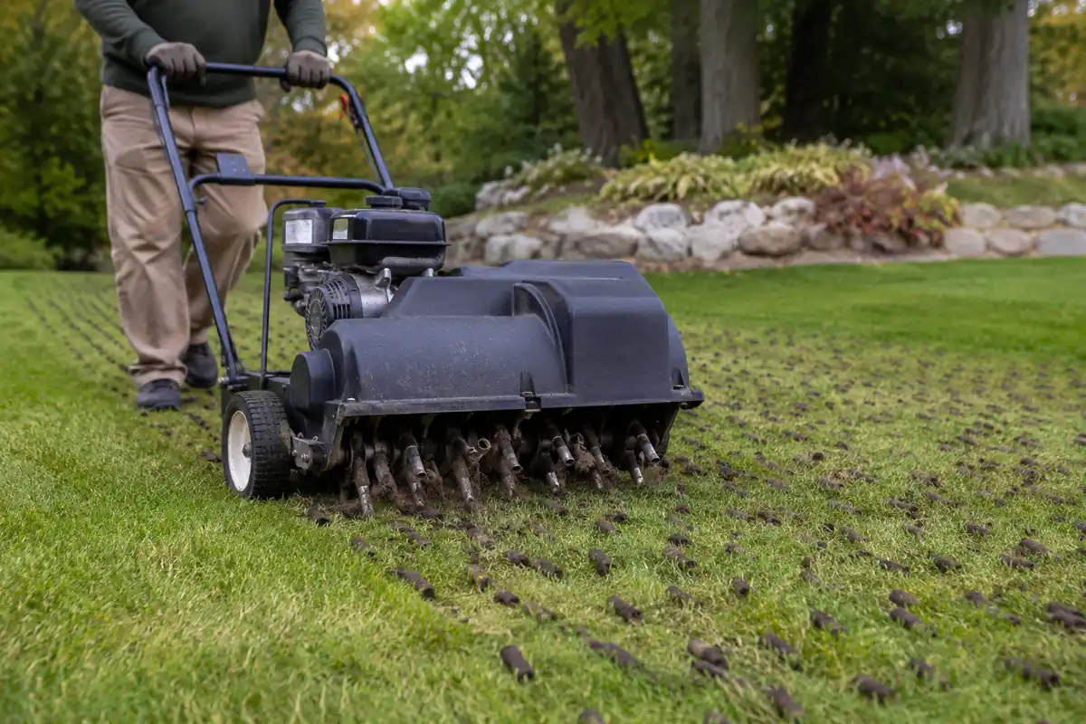 Kasota Lawn Care core aeration on a Minnesota lawn