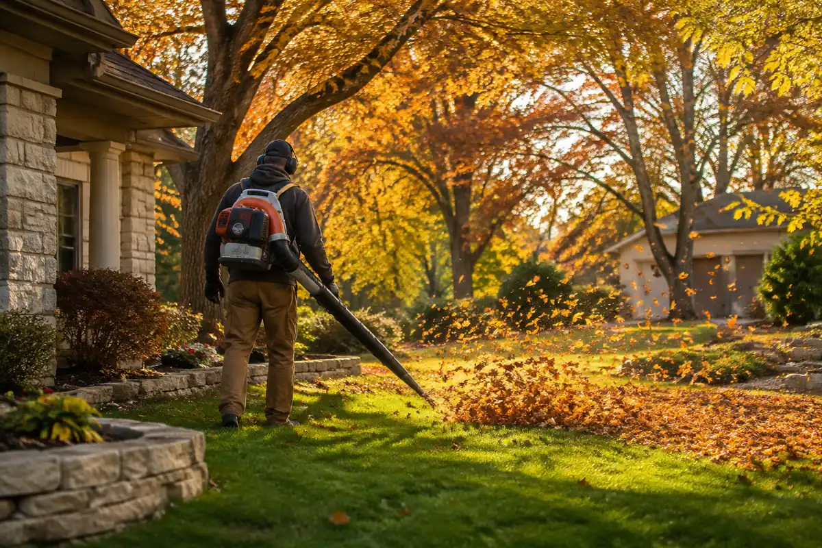 Kasota Lawn Care fall leaf cleanup near mature trees
