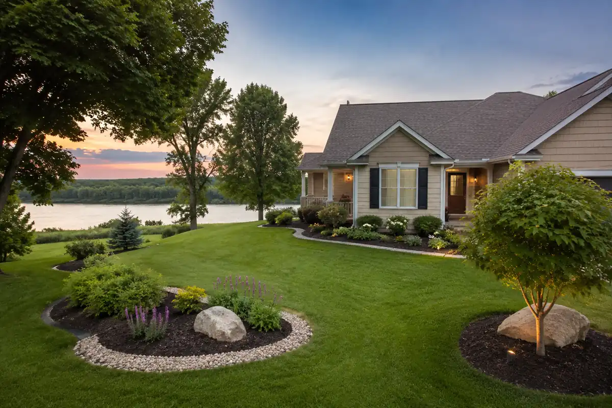 Kasota Lawn Care maintaining a landscaped property near open prairie