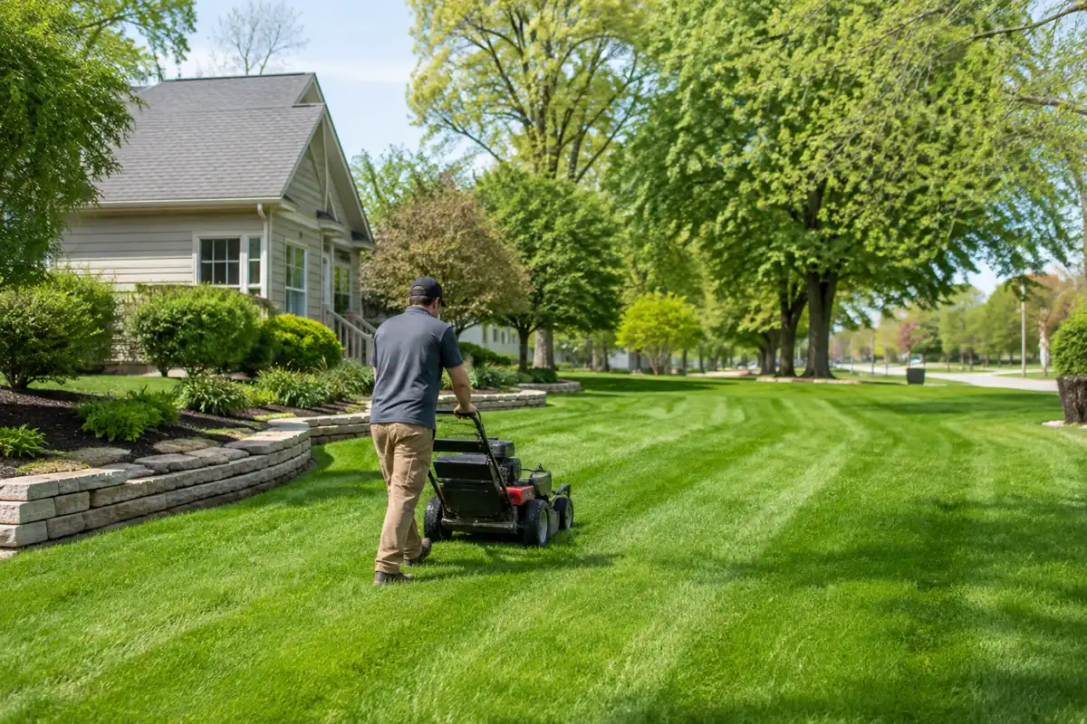 Kasota Lawn Care crew mowing a sunny residential yard