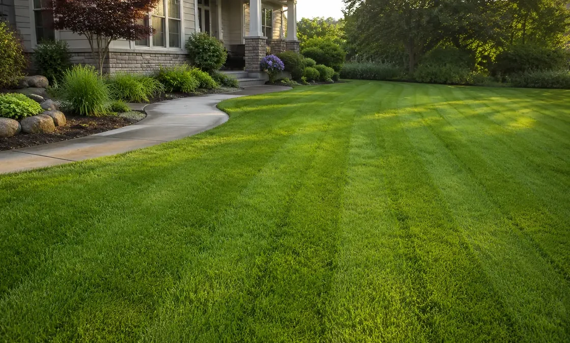 Freshly mowed residential lawn with alternating stripes beside a front walkway