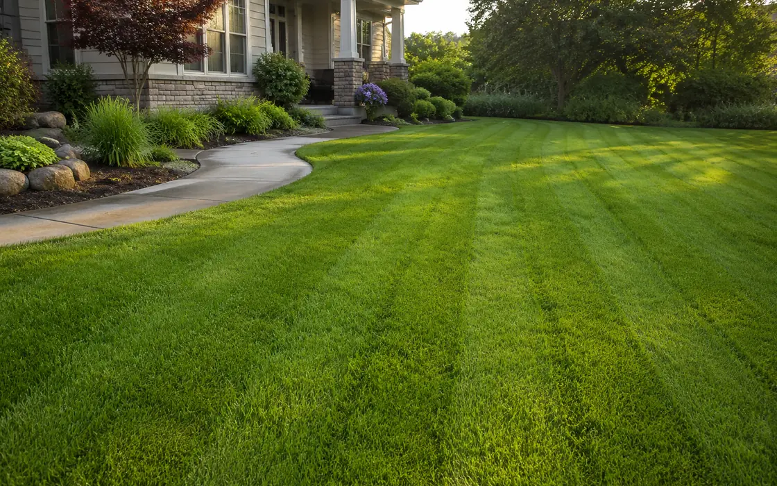 Lawn Mowing on a freshly striped Mankato residential lawn