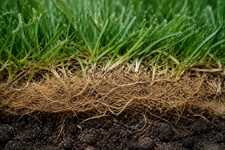 Close view of a dense lawn thatch layer above the soil