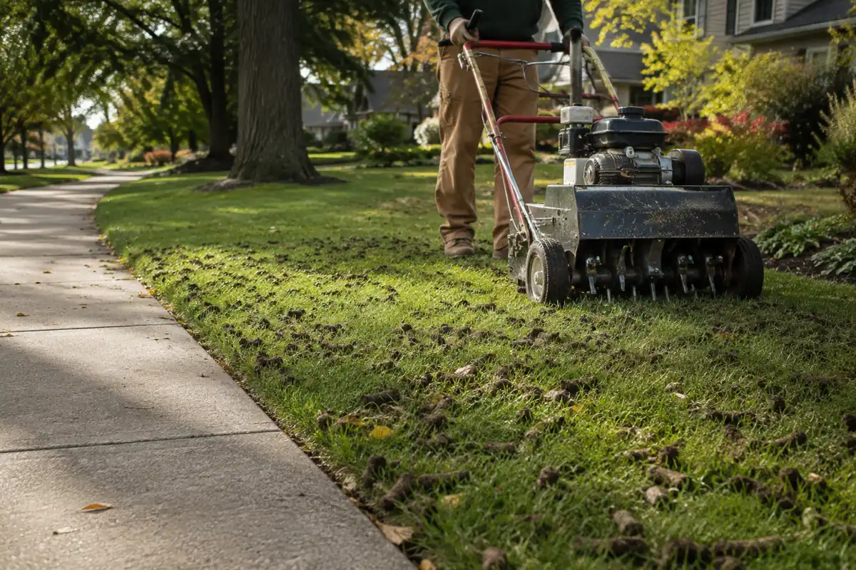 Mankato Lawn Care core aeration on compacted urban turf