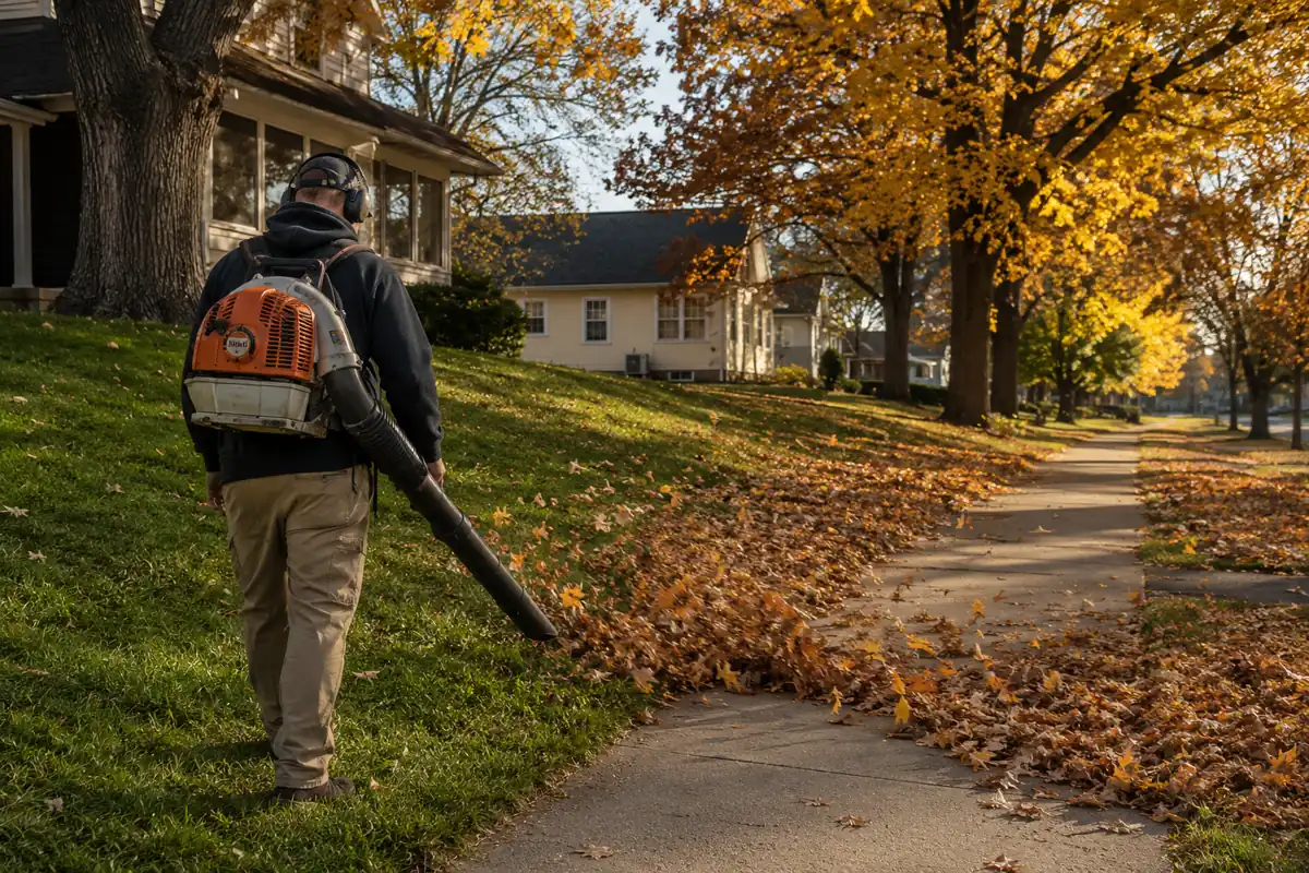 Mankato Lawn Care fall cleanup beneath mature trees