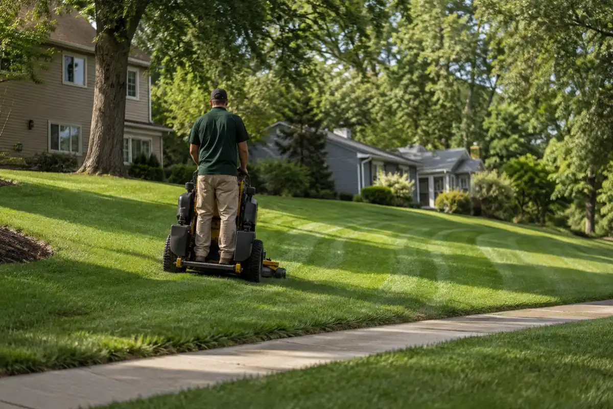 Mankato Lawn Care crew mowing an established city lawn