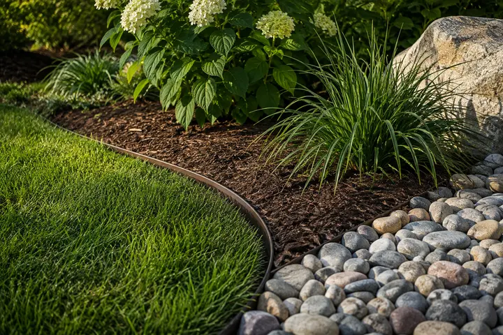 Clean transition between mulch, decorative rock, and lawn