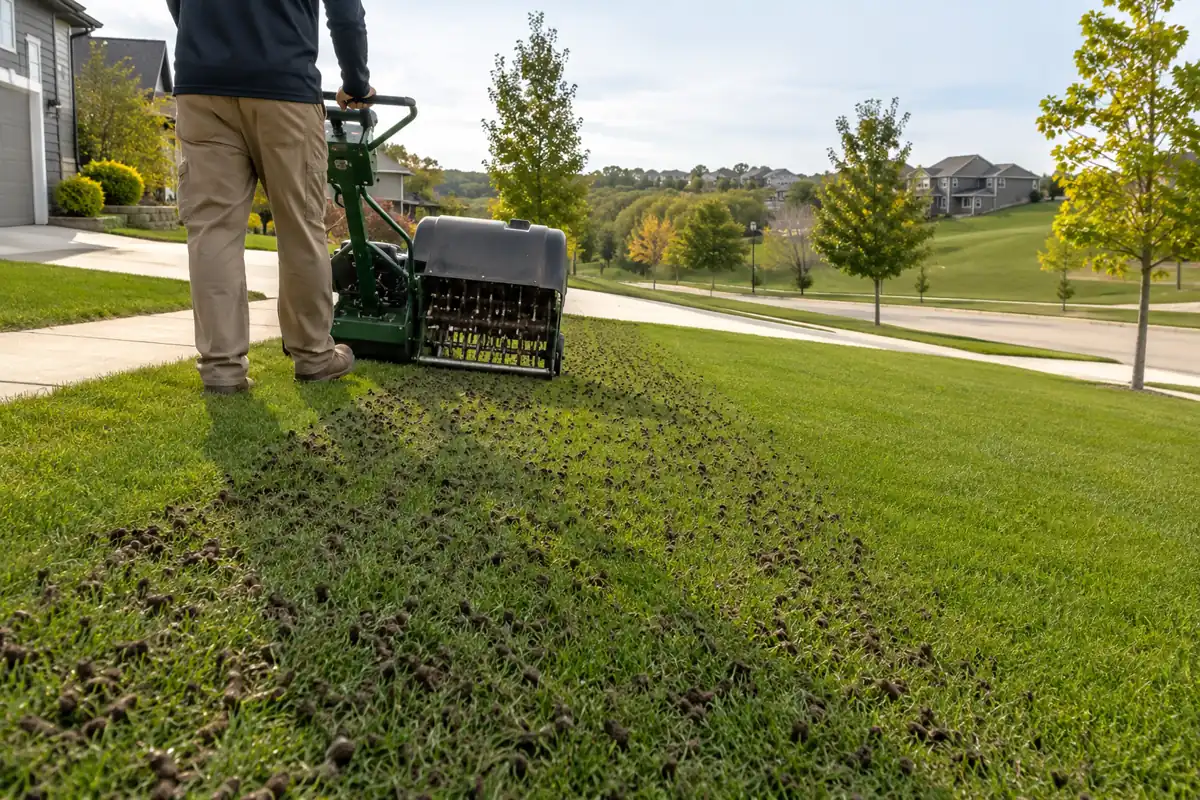 North Mankato Lawn Care aerating a compacted neighborhood lawn