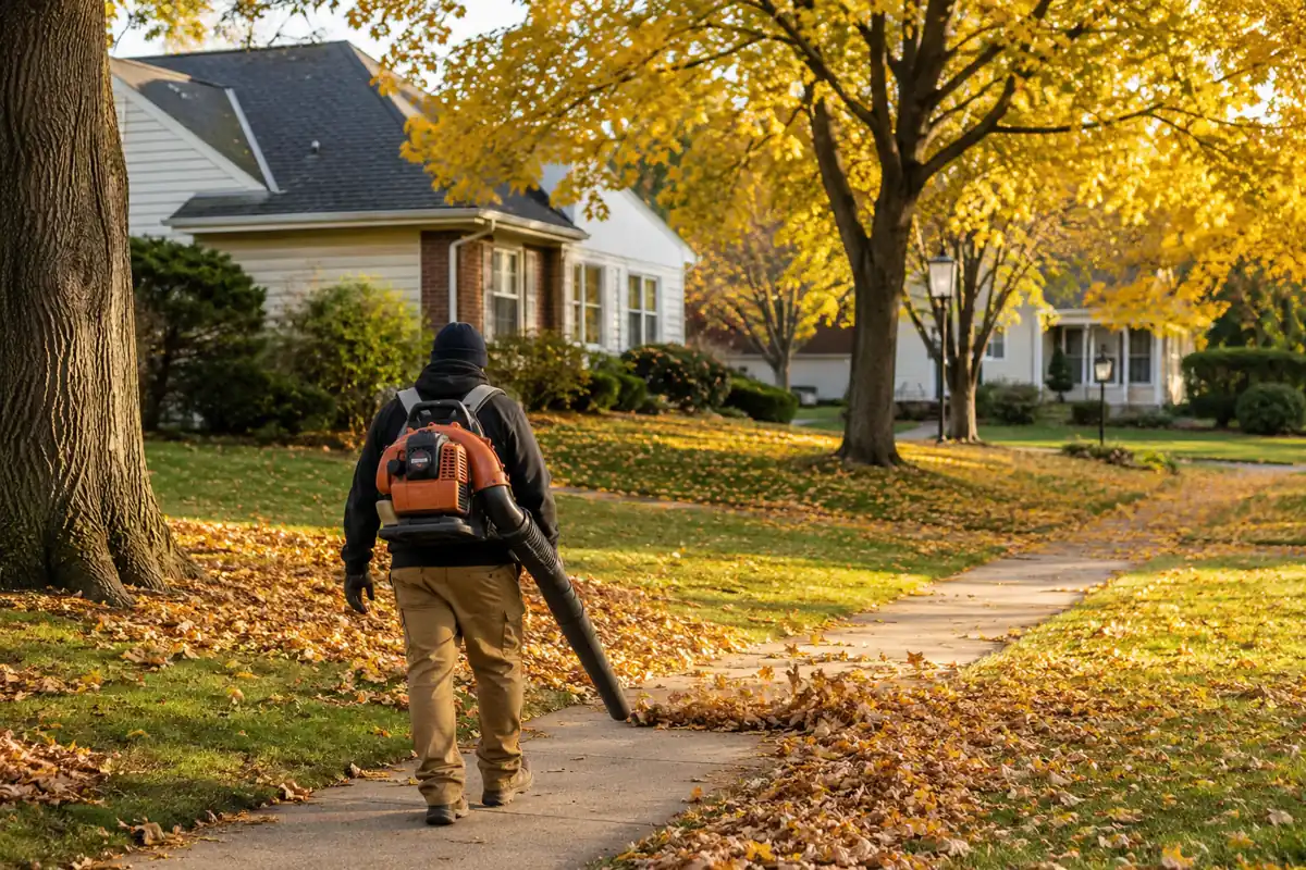 North Mankato Lawn Care removing autumn leaves from a yard