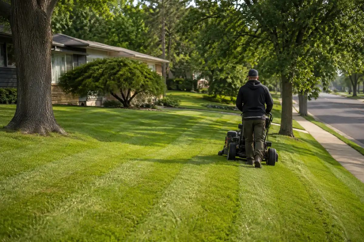 North Mankato Lawn Care mowing a residential lawn