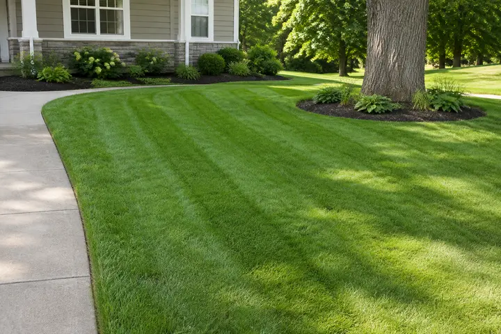 Professional lawn mowing for a residential property with clean turf and walkway edges