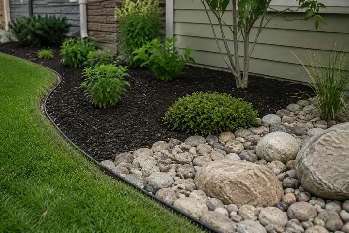 Rock and Mulch Installation for a residential landscape with defined edging and depth