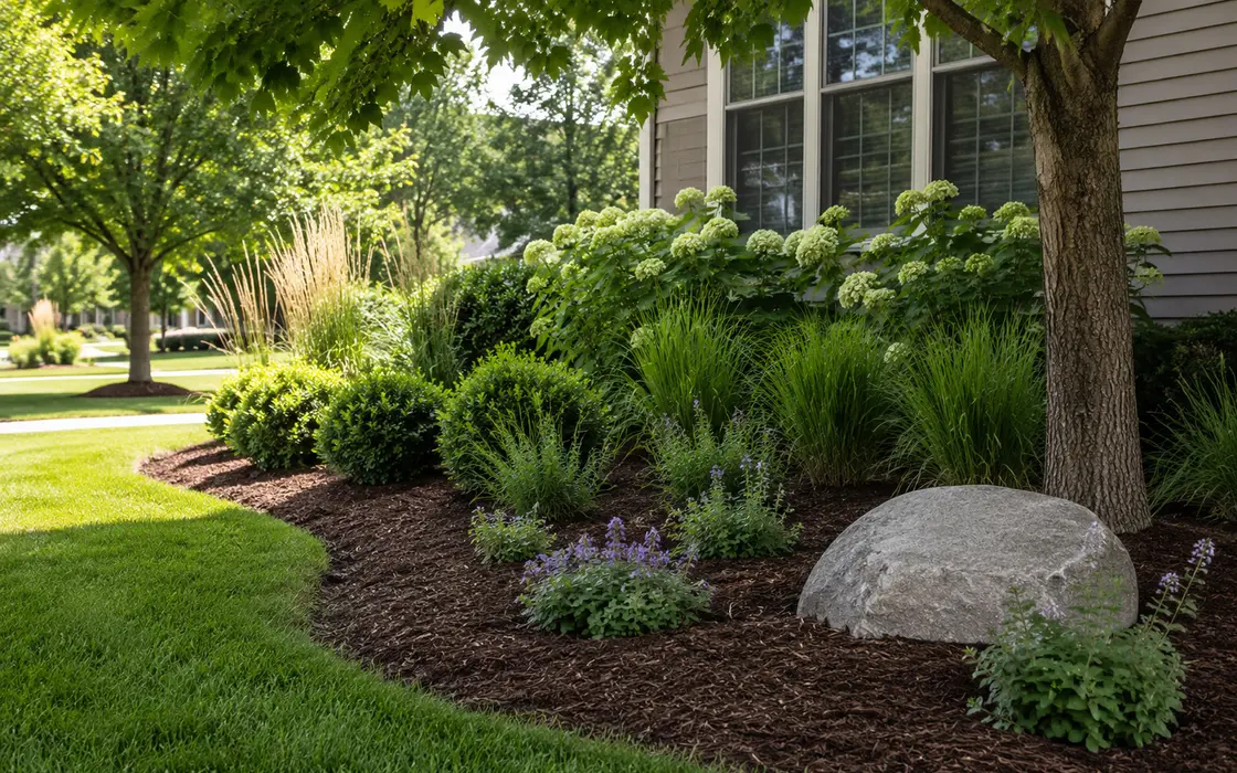 Rock and Mulch Installation around a landscaped Mankato home