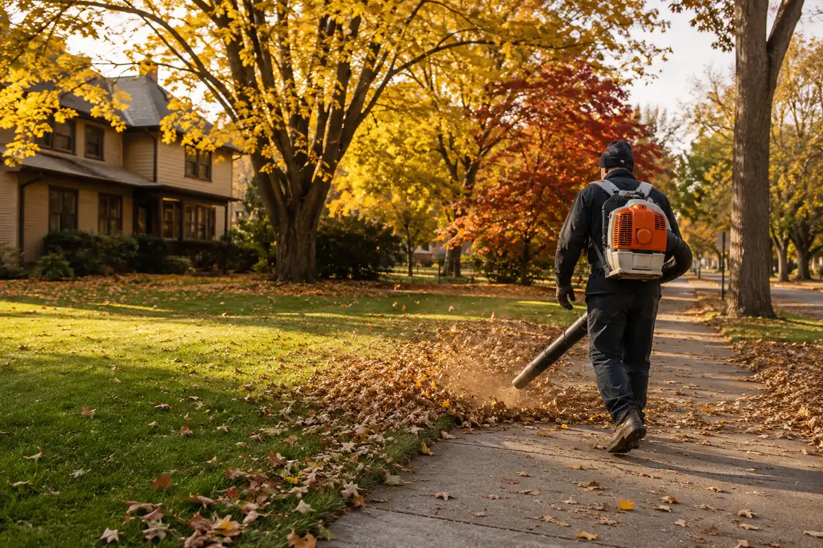 Saint Peter Lawn Care completing autumn leaf cleanup