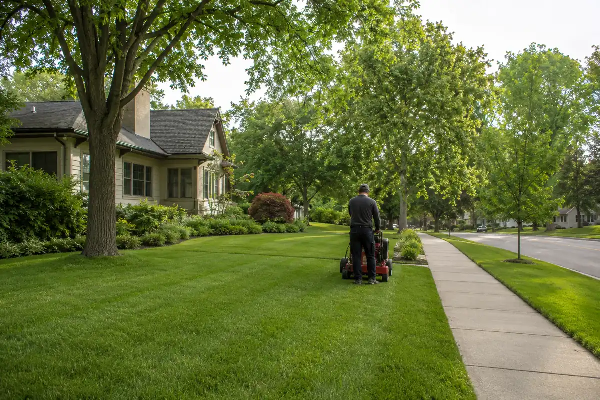 Saint Peter Lawn Care mowing a tree-lined residential yard
