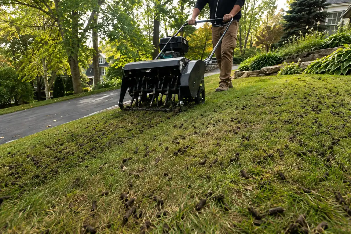 Skyline Lawn Care core aeration on a hillside lawn