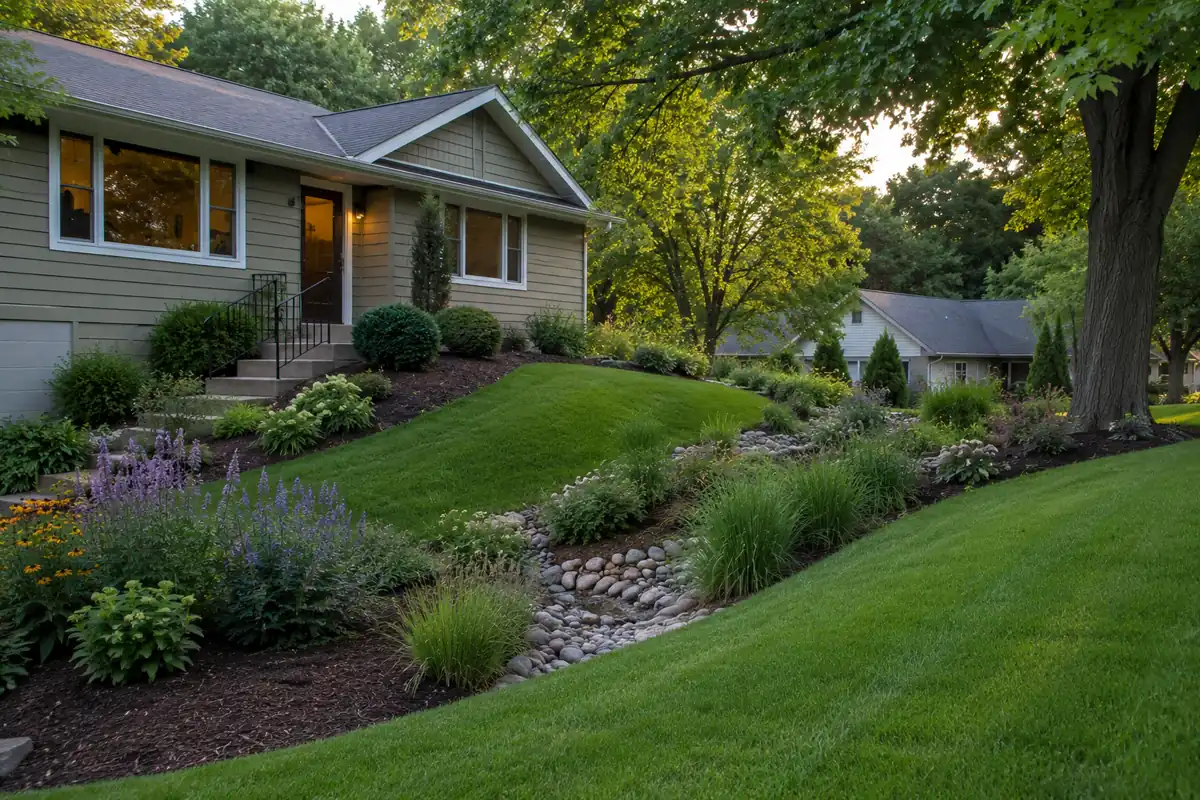 Skyline Lawn Care maintaining a drainage-aware hillside landscape