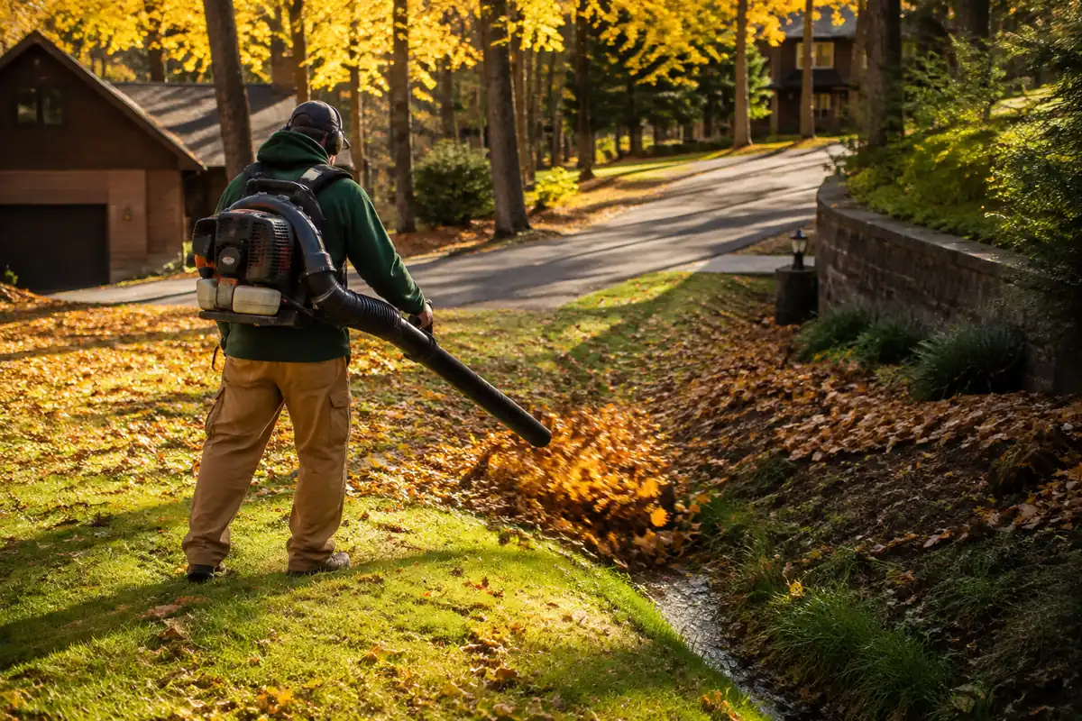Skyline Lawn Care fall cleanup on a tree-lined property
