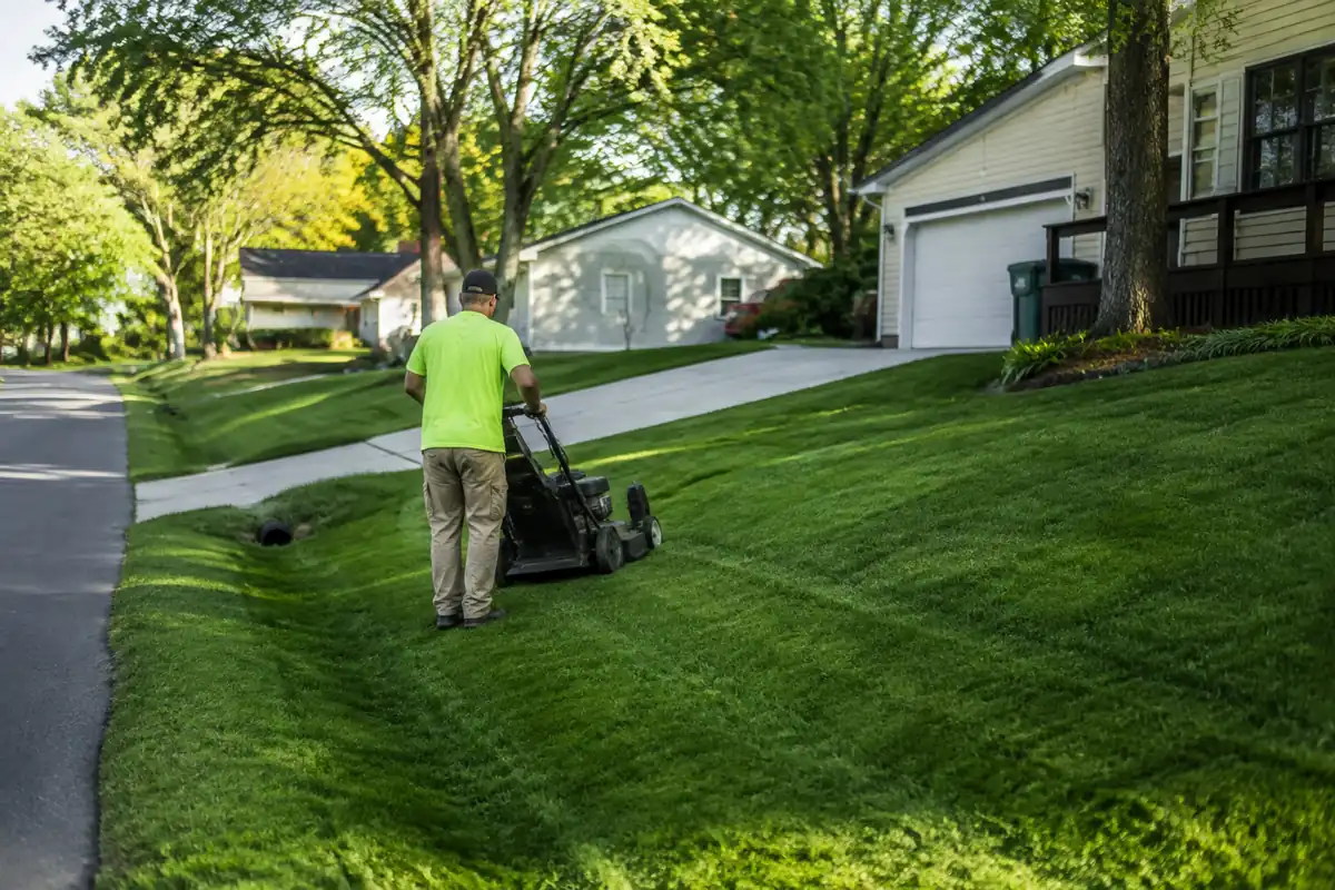 Skyline Lawn Care mowing a sloped residential yard