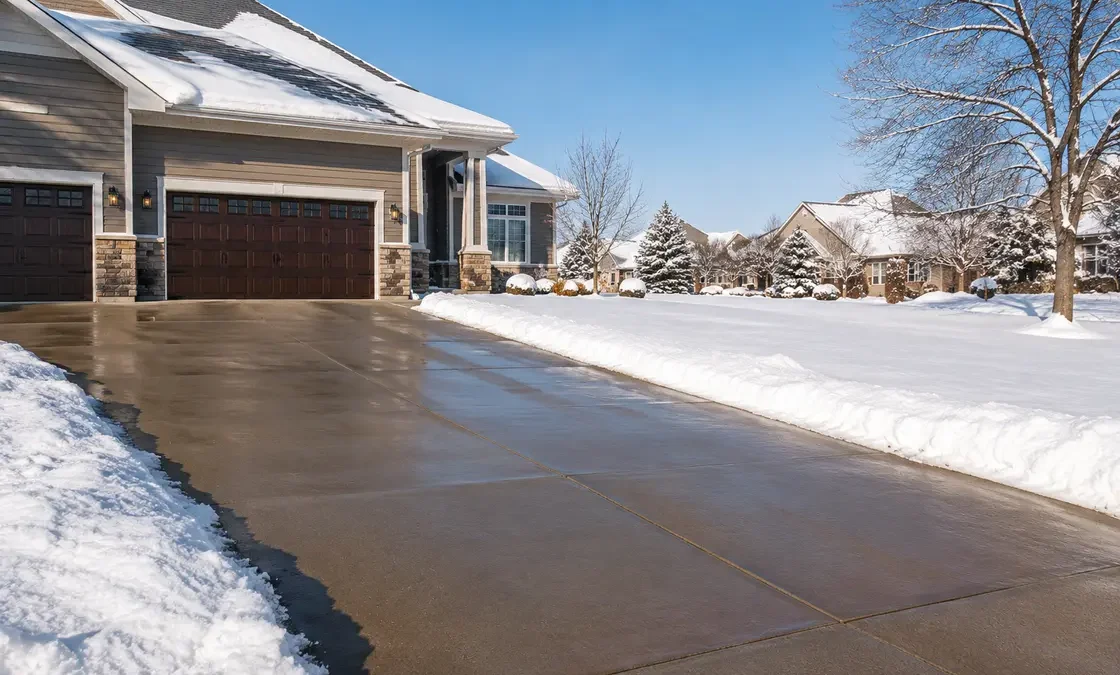 Residential driveway cleared of snow with snowbanks along the edges
