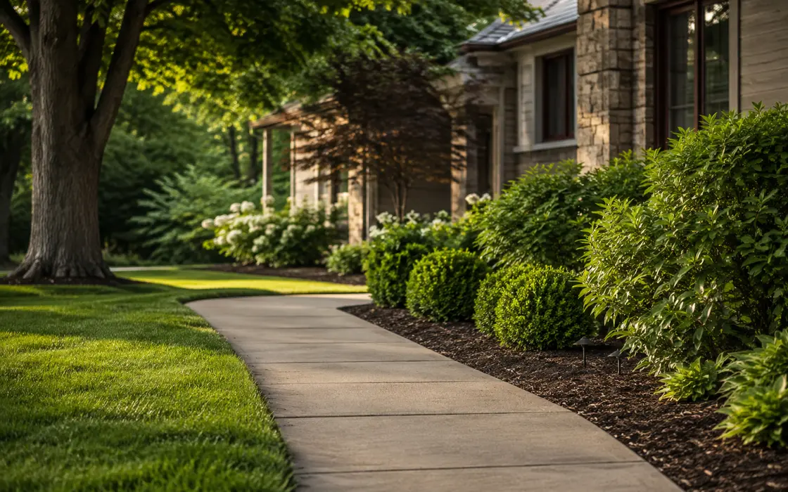 Year-round property care detail with turf, walkway, trees, and planting beds